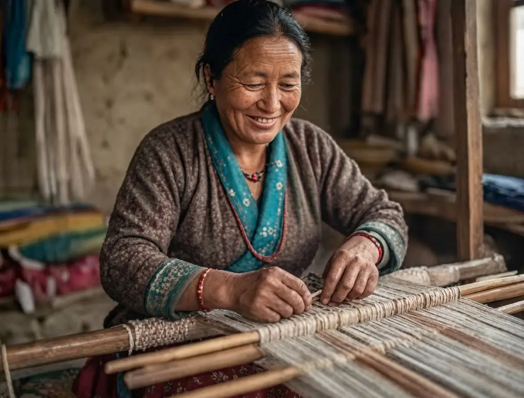 Lhakpa weaving on loom
